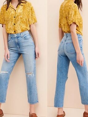 Paige Sarah Straight Ankle Jeans Crash Destructed Wash Fray Hem Sz 29
